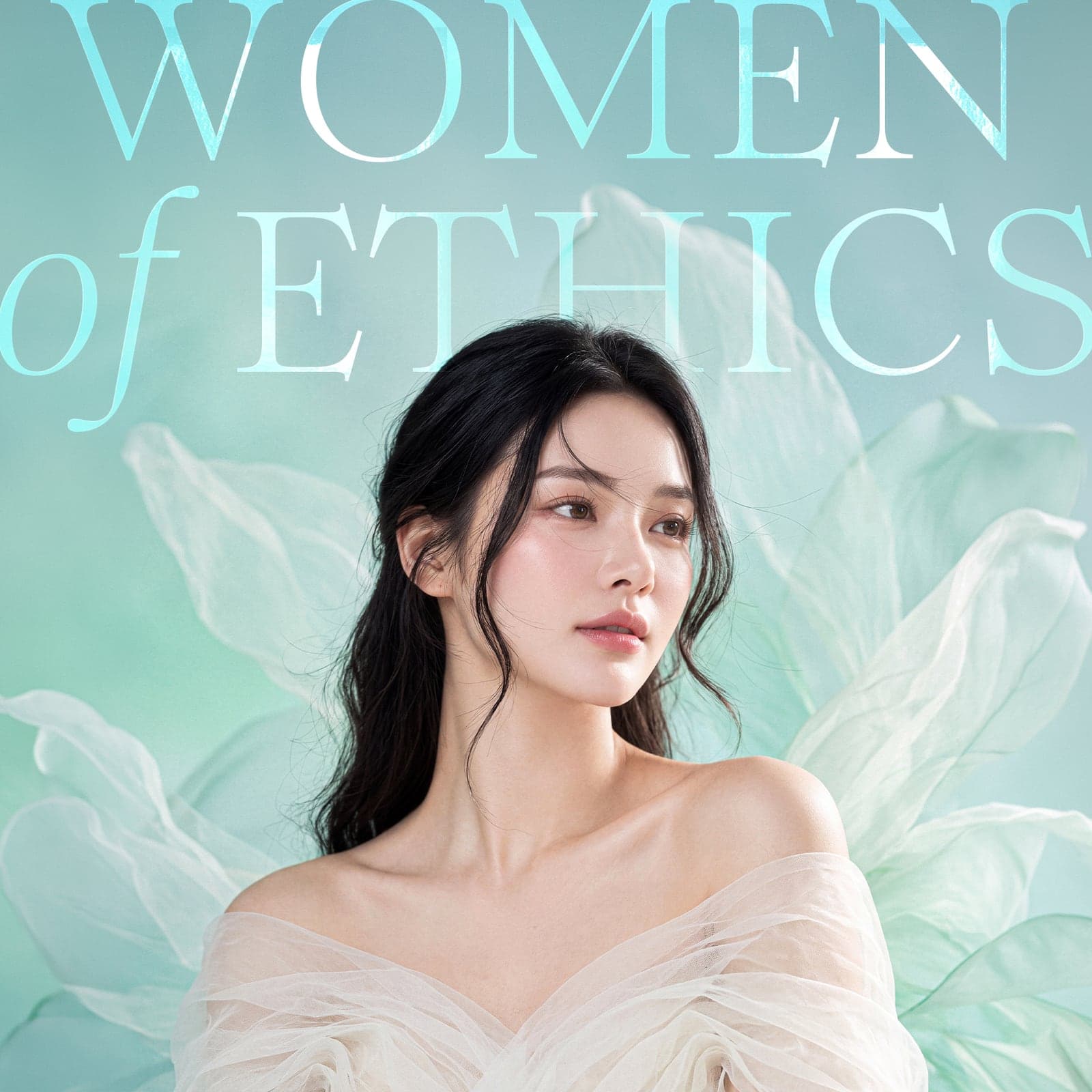 Women of Ethics - A portrait set against a backdrop of mint green petals